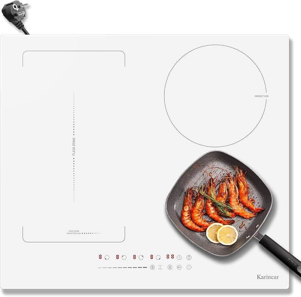 Karinear Weißes Induktionskochfeld Flexzone mit Stecker, Induktionsfeld 60 cm Einbau mit Touch-Steuerung, Timer, Kindersicherung, Boost, 220V-240V, 3500W