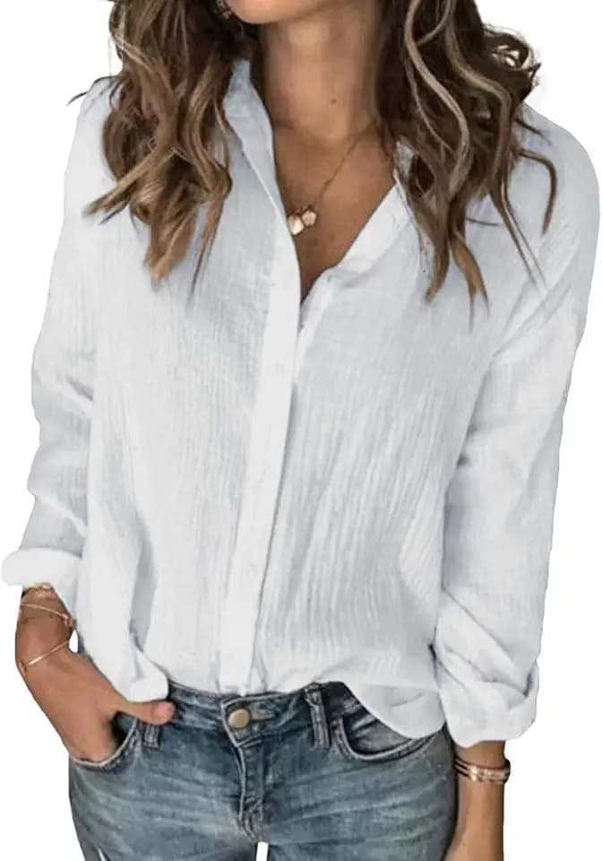 Womens Linen Button Down Shirts Long Sleeve Cotton Gauze Tops Blouse