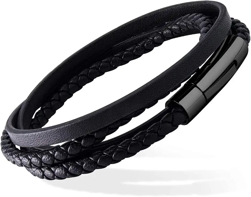 555Jewelry Stainless Steel Braided Wrap Layered Leather Cord Magnetic Bracelet
