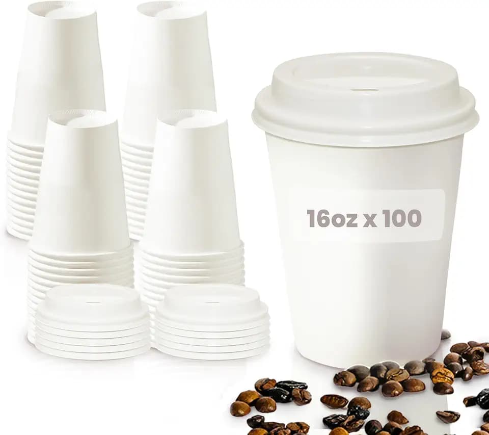 16oz Disposable Coffee Cups with Lids – 100 Units