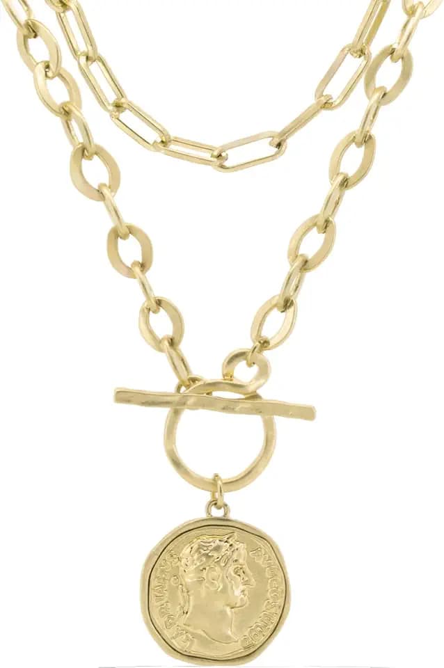 Women's Chunky Coin Necklace, 18K Gold Plated, 18-Inch Toggle Chain