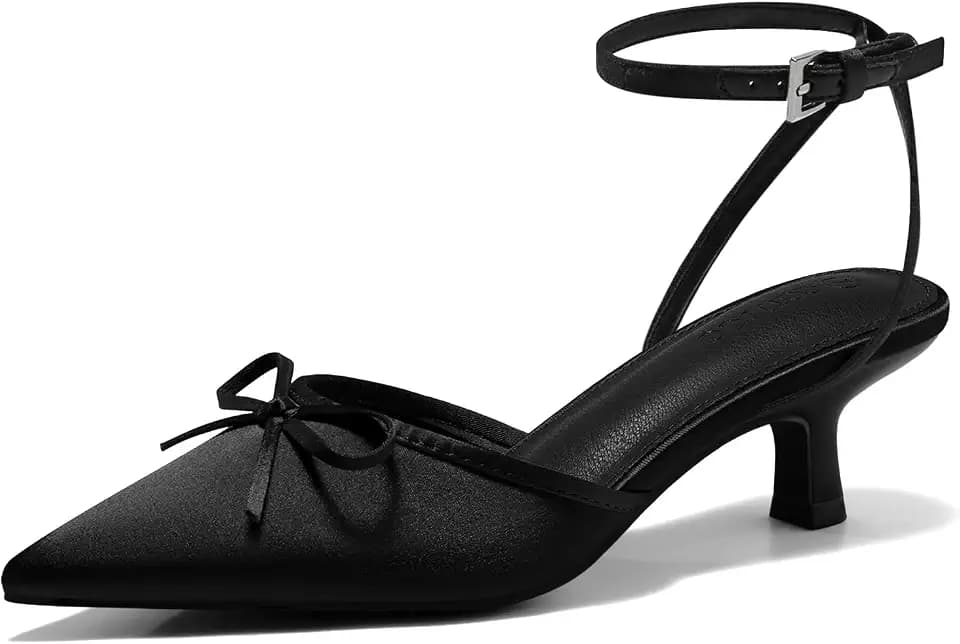 Coutgo Satin Kitten Low Heels with Bow Closed Pointed Toe Short Pumps Dress Wedding Party Shoes