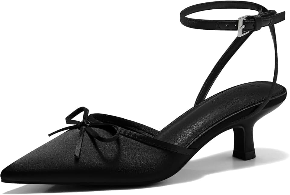 Coutgo Satin Kitten Low Heels with Bow Closed Pointed Toe Short Pumps Dress Wedding Party Shoes