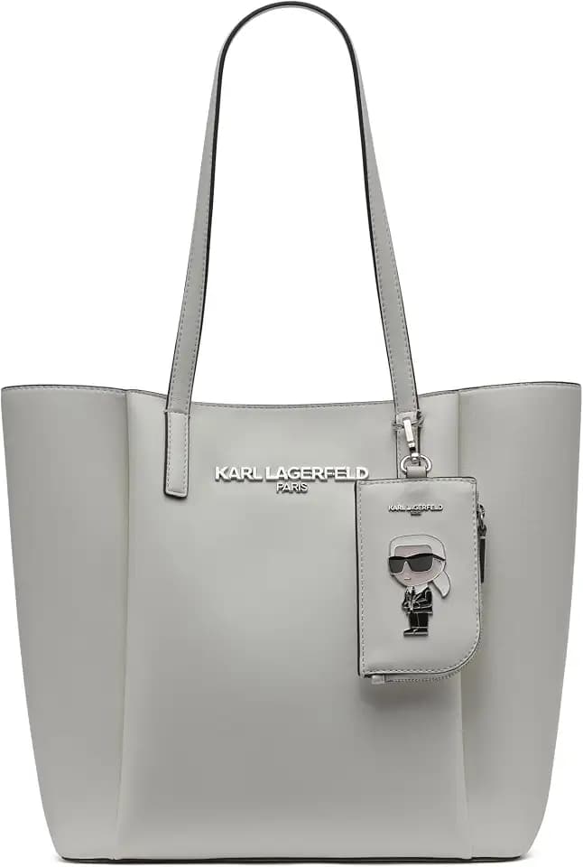 KARL LAGERFELD Paris Women's Louise Leather Tote Bag with Karl Tag, White/Silver, One Size