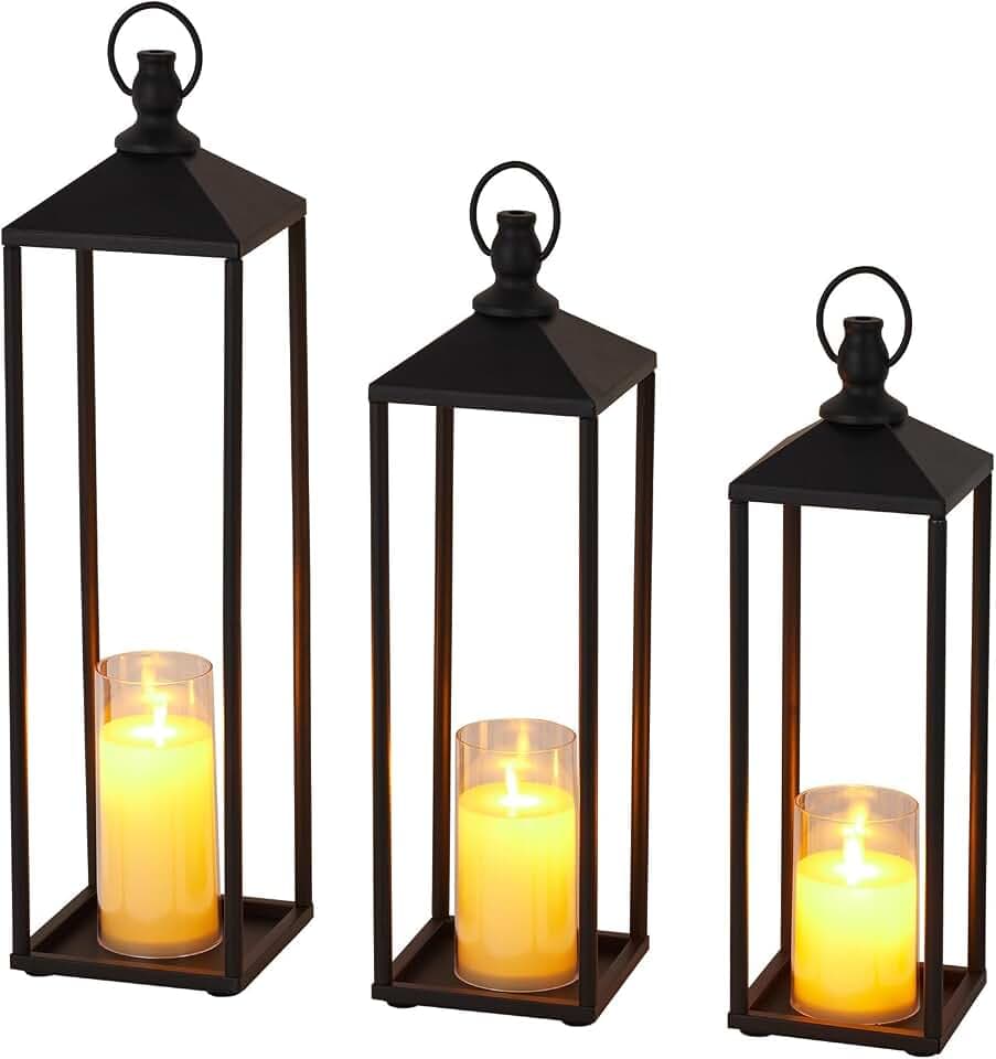 22" 19" 17" Black Candle Lanterns, Metal Decorative Lanterns for Outdoor & Indoor with Flameless LED Candles, Halloween & Christmas Use Modern Patio Porch Garden Floor Decor