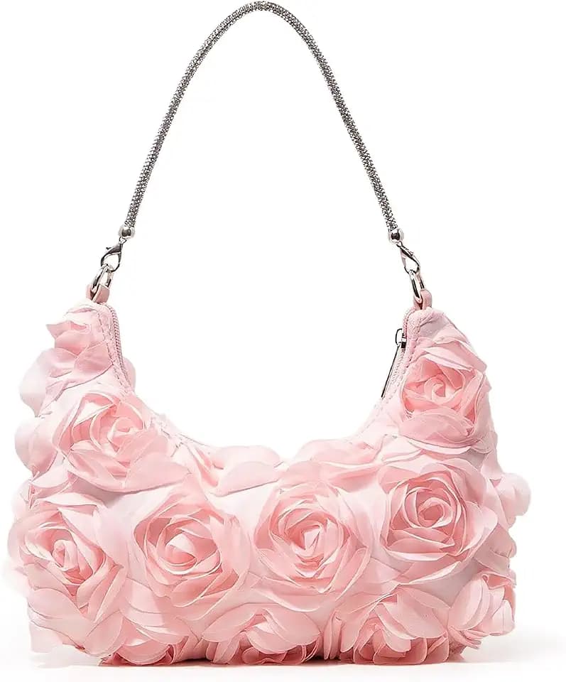 Women's 3D Flower Clutch Purse, Satin Floral Evening Handbag with Chain for Wedding, Party, Prom