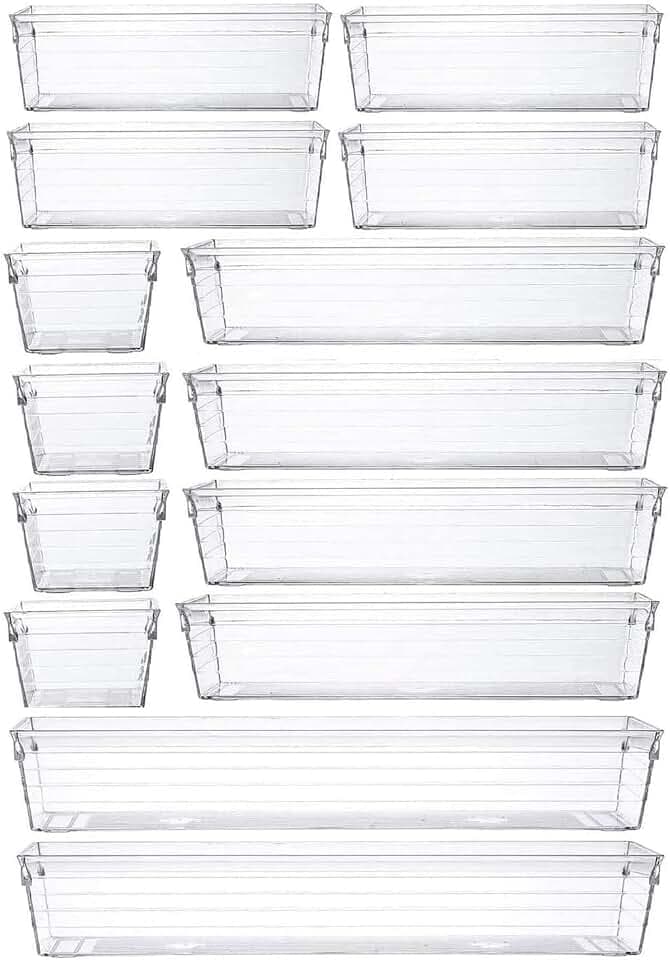 14-teiliges transparentes Kunststoff-Schubladen-Organizer-Tablett für Make-up, Küchenutensilien, Schmuck und Gadgets