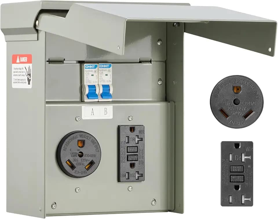 VEVOR Temporary Power Outlet Panel, RV Electrical Breaker Box with Prewired 30 Amp & 20 Amp GFCI Receptacle Circuit, Weatherproof RV Electrical Panel for RV Hookup Camper Travel Trailer Motorhome