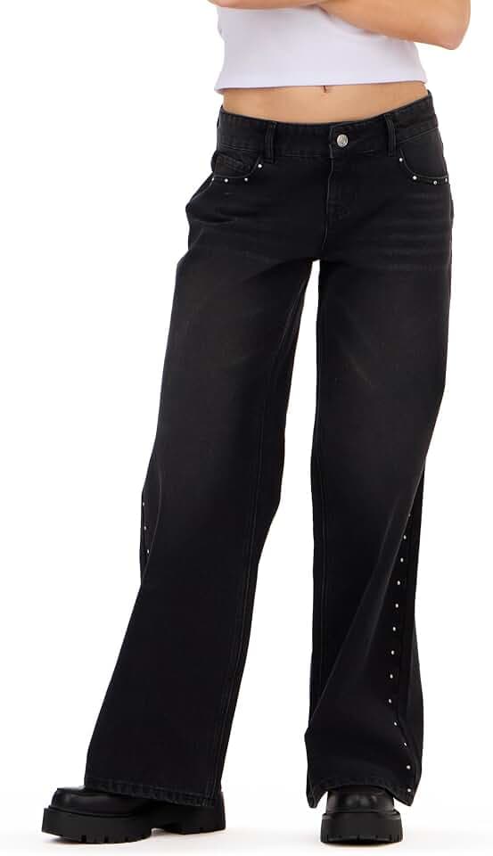 Forever 21 Women's Low Rise Wide Leg Denim Pant with Stud Details