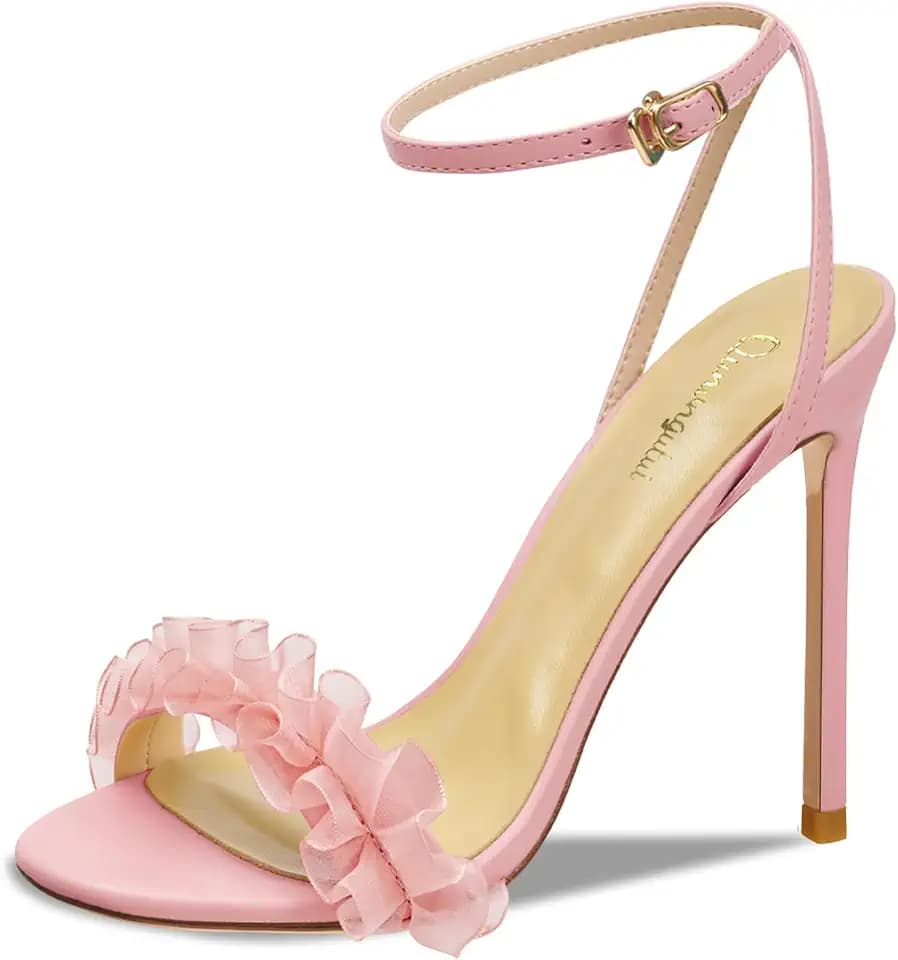 Women's 3.9IN High Heel Sandals Open Toe Strappy Slingback with Lace Flower Detail - Stiletto Heel Summer Dress Shoes for Wedding/Party