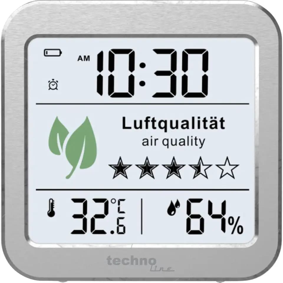 WL1020 Funkwanduhr mit Luftgüteanzeige, Temperatur & Luftfeuchtigkeit, TVOC-Sensor, 5-Sterne-Bewertung, Alarm, 12/24h-Format und Schlummerfunktion – Weiß mit LED-Hintergrundbeleuchtung