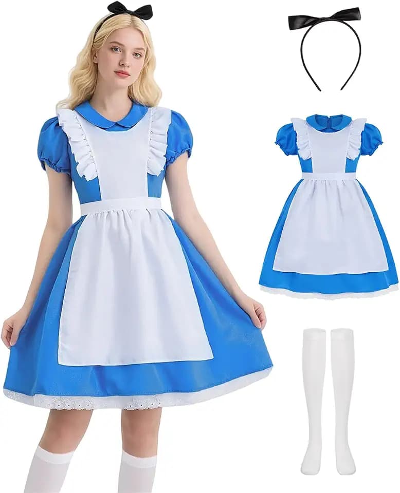 Mrsclaus Prinzessin Kostüm Damen Erwachsene Blaues Kleid Maid Kostüm Fancy Kleid mit Zubehör für Karneval Faschings