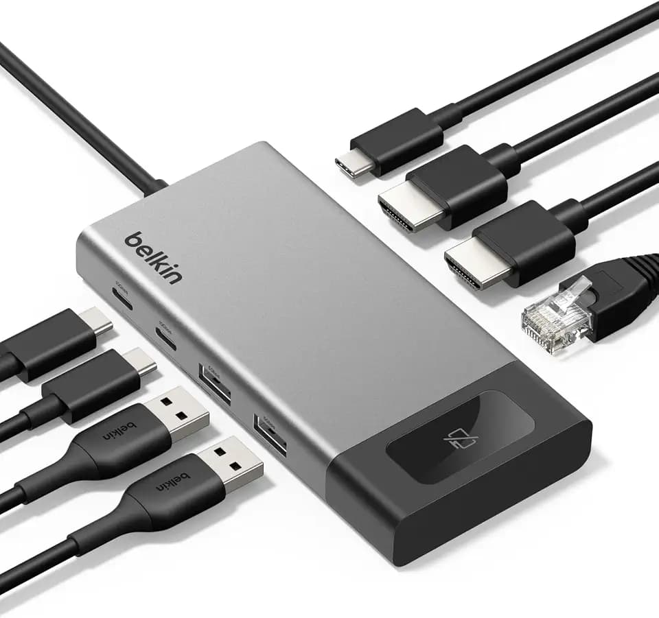 Belkin USB C Hub, 8 in 1 Multi-Port Docking Station 100 W, mit 2 Bildschirmanschlüssen; für Mac, Windows und Chromebook, Datentransferraten von 10 Gbit/s, Ethernet, Auflösungen bis zu 4K bei 60 Hz