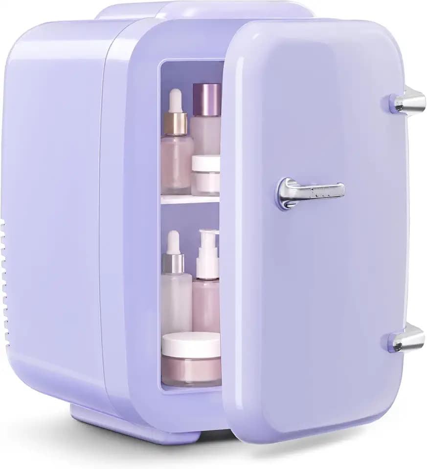 OSTBA Mini Fridge, 4 Liter/6 Can Mini Makeup Fridge, 110V AC/ 12V DC Portable Thermoelectric Cooler&Warmer for Skincare, Drink, Cosmetic, Medicine, Small fridge for Bedroom, Office, Dorm, Car, Purple
