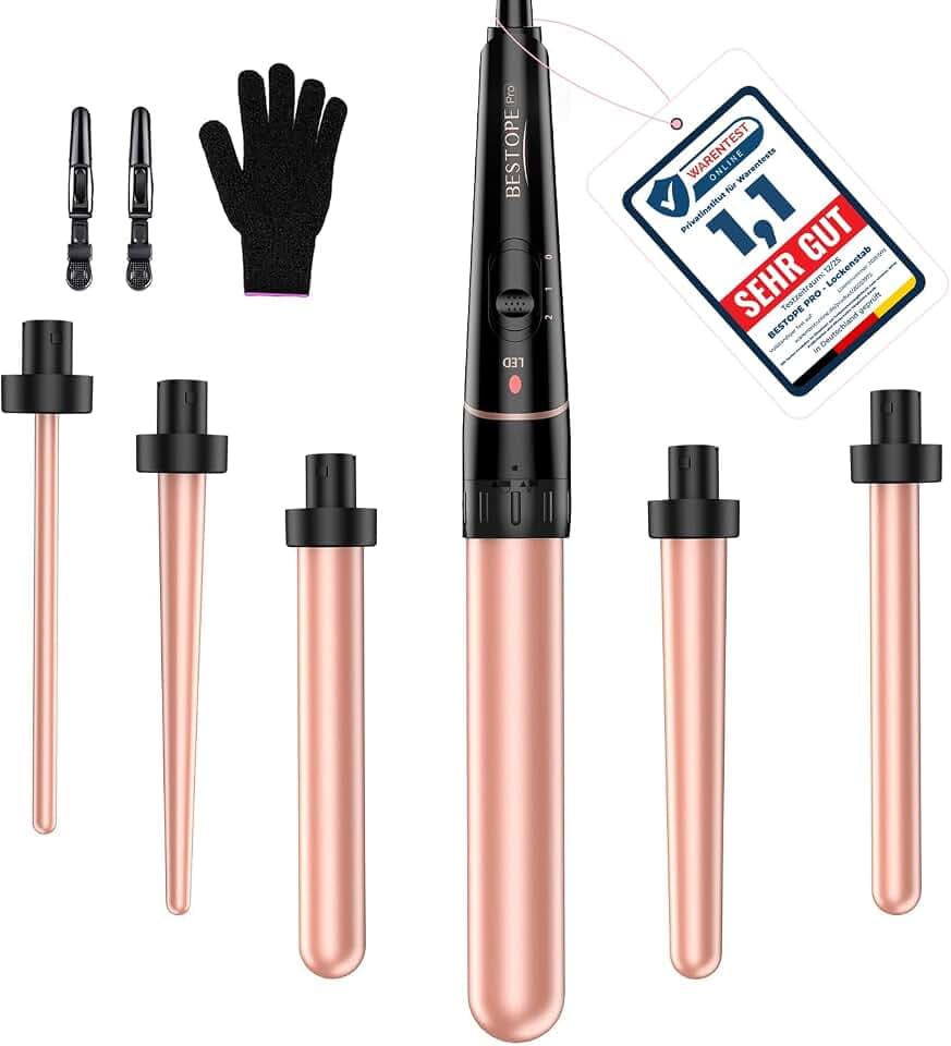 BESTOPE PRO 6-in-1 Lockenstab Große Locken und Kleine, Lockenstäbe, Lockenstab Mit Verschiedenen Aufsätzen, Handschuhen Temperatur Einstellbar, Roségold