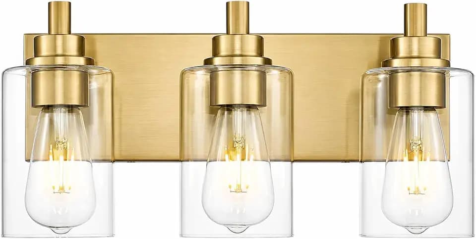 3-Light Brushed Gold Bathroom Vanity Light, Clear Cylinder Glass