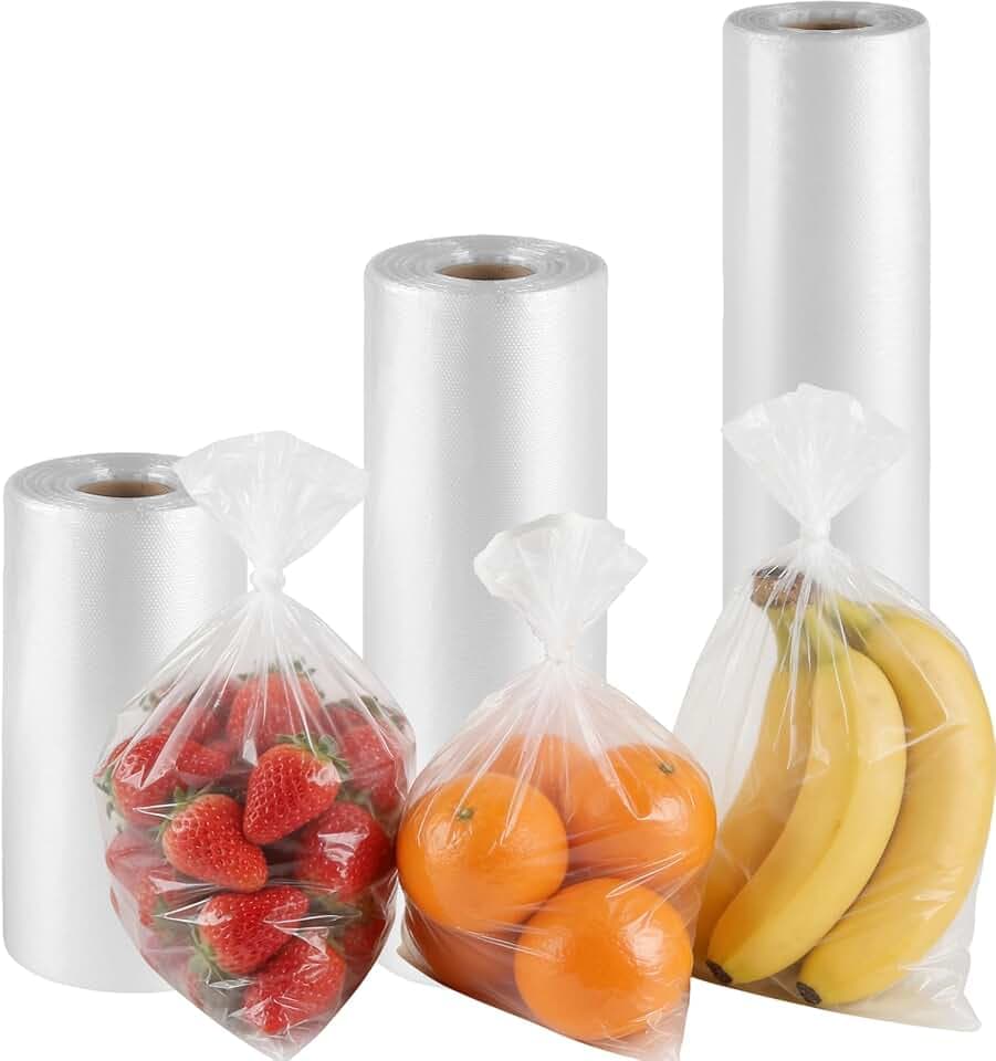 3 Rolls 3 Sizes Plastic Produce Bags, Clear Plastic Produce Bag Roll for Bread, Fruits, Vegetable, Kitchen, 970 Count Total