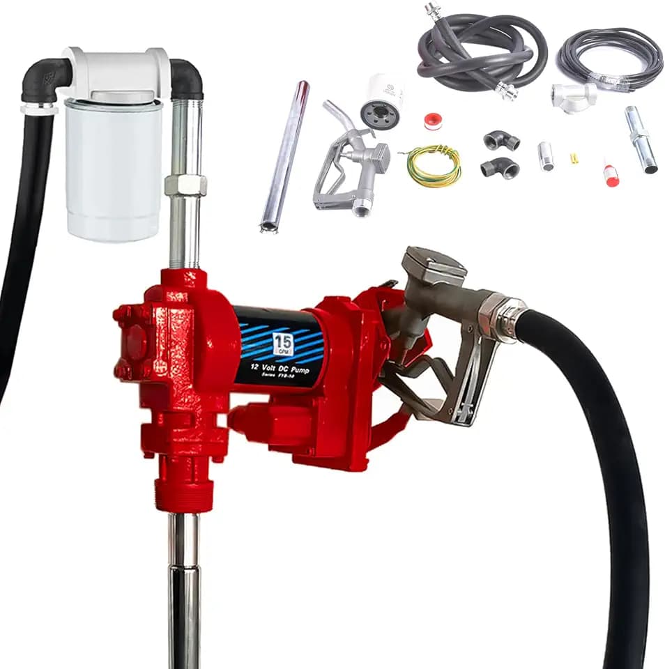15GPM 12V DC Fuel Transfer Pump 50amp Fuse with Nozzle Kit - for Gas, Diesel, Kerosene - Red Electric Pump with Particulate Filter & Manual Nozzle - Portable for Tanks, Trucks, Boats, Agriculture