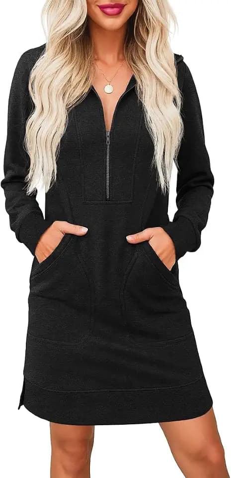 PrinStory Strickkleid Damen Langarm Pulloverkleid V-Ausschnitt Winterkleid Halber Reißverschluss Freizeitkleid Mit Taschen