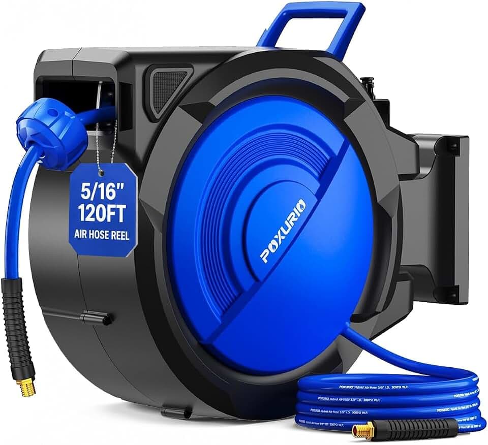 120FT+6.5FT Retractable Air Hose Reel, 5/16" Hybrid Air Hose, Air Compressor Hose Reel with Max 300 PSI Patented Design, Retractable Auto-Rewind Enclosed Heavy Duty 180° Swivel Mount