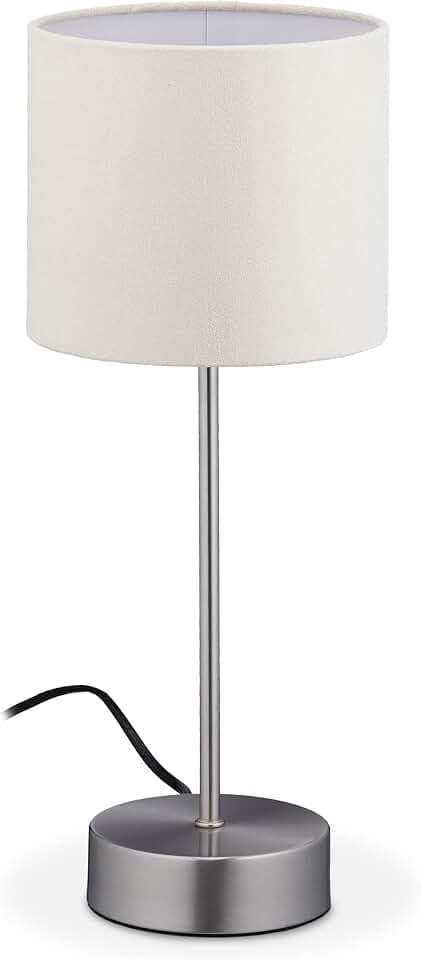 Relaxdays Nachttischlampe Touch, dimmbar in 3 Stufen, E14, HxD: 40 x 16 cm, Touch Lampe mit Stoffschirm, Silber/Creme