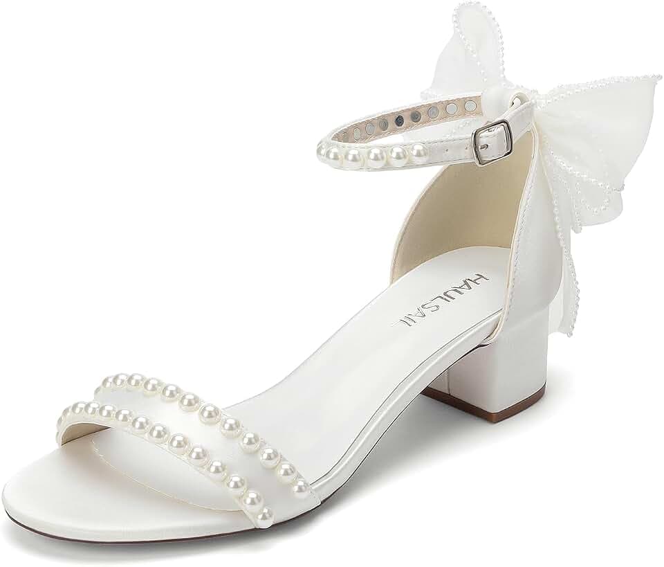 White Pearl Heels,Wedding Shoes for Bride,Low Block Heel with Bow