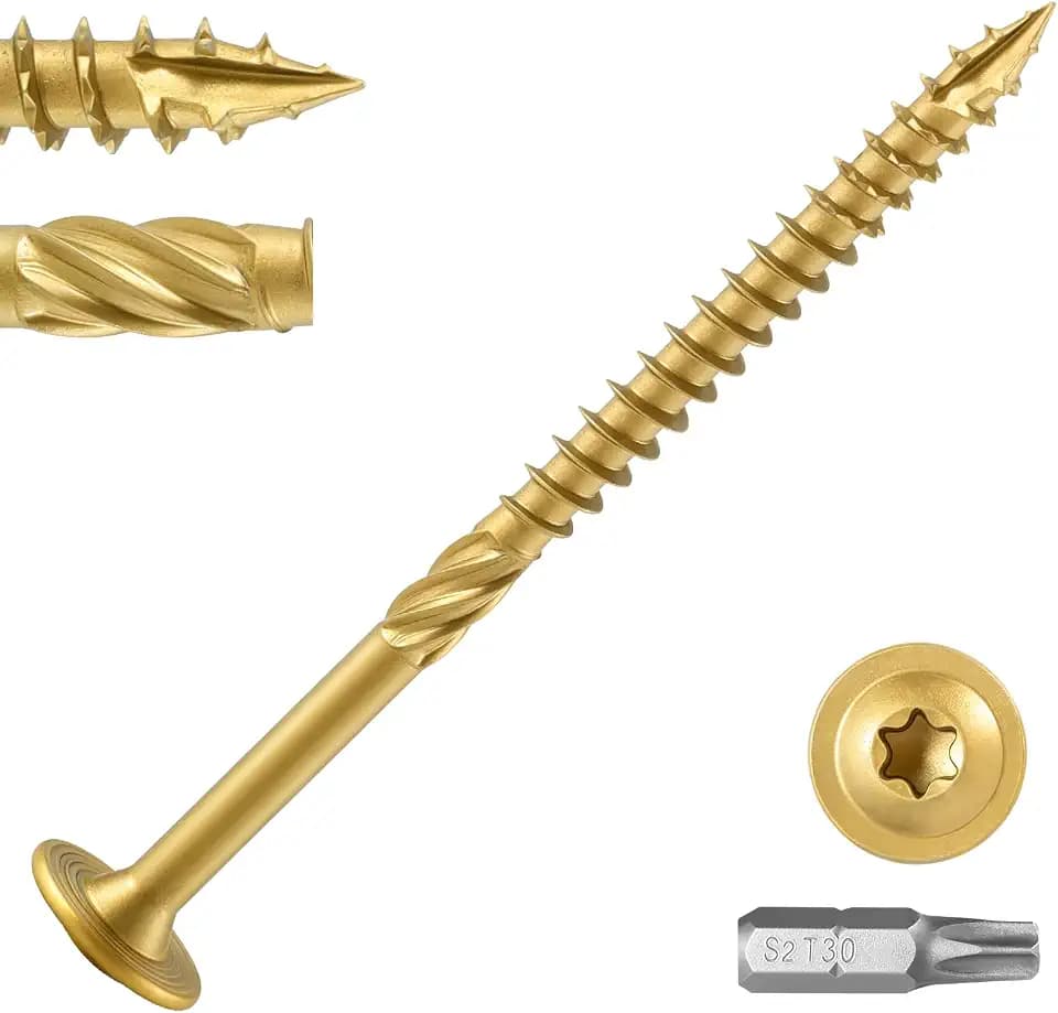Lag Screws #14 x 3-1/2 Inch, (1lb, 32pcs) Heavy Duty Construction Structural Exterior Wood Timber Screws, Torx Drive Washer Head Rust Resistant Golden Epoxy Coated, with T30 Star Bit