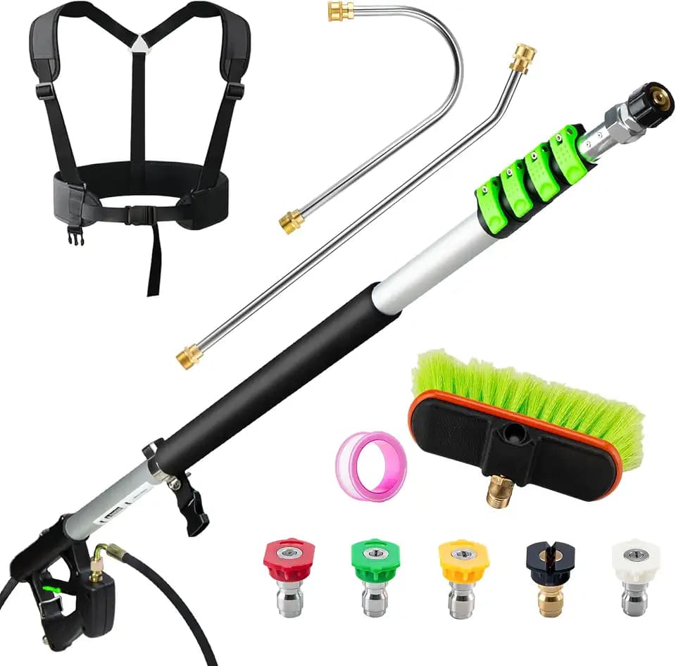 24 FT Telescoping Pressure Washer Wand with Pressure Washer Extension Wand,Gutter Cleaner Attachment, Pressure Washer Telescoping Wand with 5 Spray Nozzle Tips, 2 Hose Inlet Adapters, Brush Head