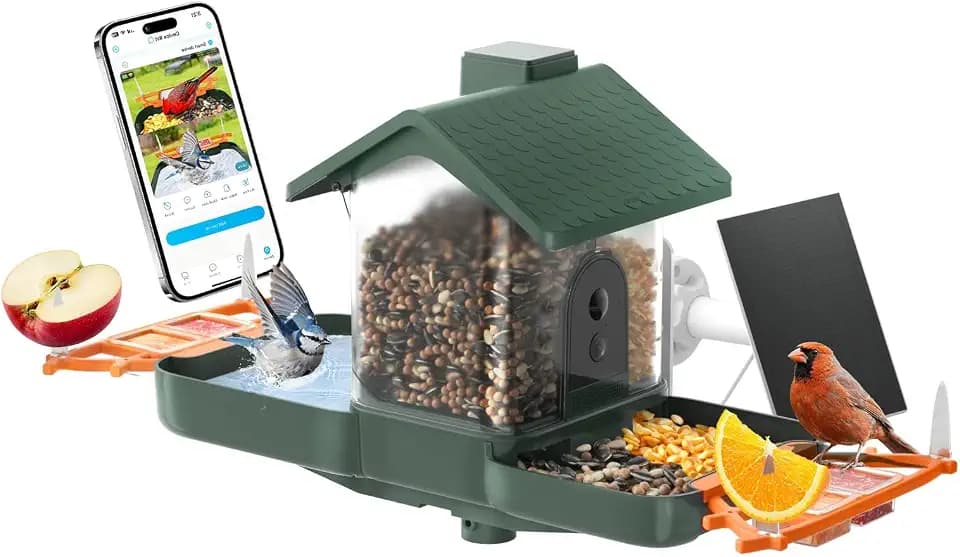 ​Bird Feeder with Camera and Bath, Dual-Lens 2K HD Video, AI Bird Identification, Solar Powered, Instant Alerts, IP66 Weatherproof
