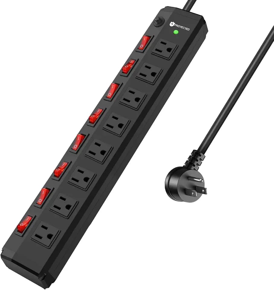 8 Outlet Heavy Duty Power Strip with 8 Individual Switches 1200J Black 6FT