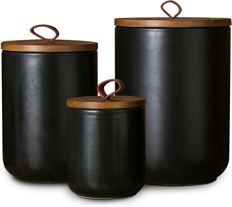 JOJUNO Black Ceramic Canister with Bamboo Lid, 3-Piece Airtight Jars