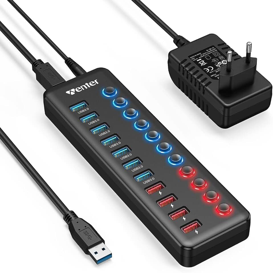 USB Hub mit Netzteil 36W, WENTER 11 in 1 USB Hub Aktiv 3.0, USB Hubs Aktiver Mit 1 Intelligenter Charging Port und 12V/3A Netzteil Adapter, 7 USB 3.0 Ports und 4 Ports Schnellladegerät