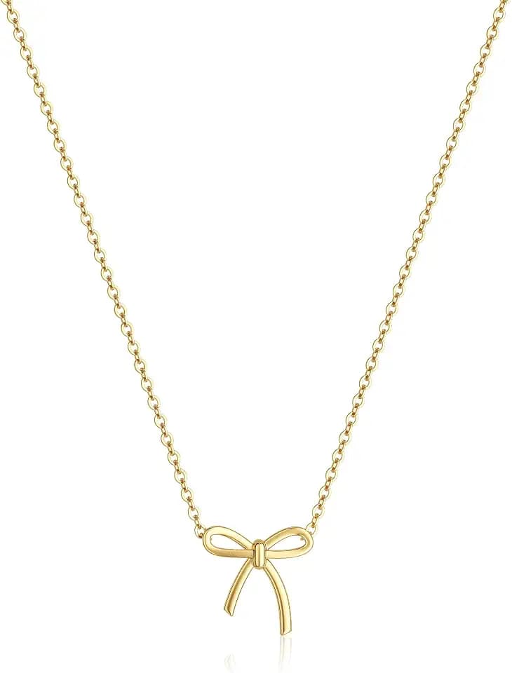 Risamil Necklace for Women Trendy Stuff, Dainty Bow Necklace 14K Gold Plated Cute Choker Small Pendant Charm Necklaces Personalized Jewelry Gifts