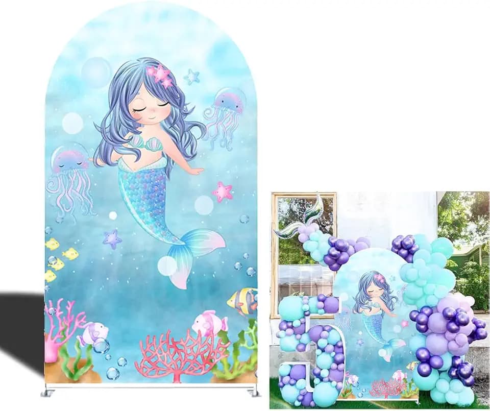 Spandex Arch Cover Backdrop Mermaid Theme 7ft Height Arched Frame Background Cover for Baby Shower Birthday Party Decoration