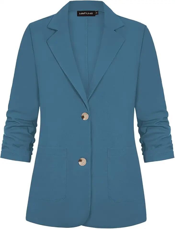 Damen-Blazer mit 3/4-Ärmeln und gerüschten Ärmeln, Baumwoll-Leinen, leichte Sommer-Oberbekleidung, elegante Jacke, Anzüge mit Knöpfen und Taschen