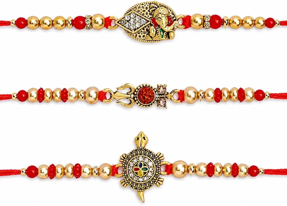 Set of 3 Ganesha & Rudraksha Rakhi for Brother Rakhee for Brothers | Raksha Bandhan Om Rakhi for Brother Rakhi Set with Greeting Card & Roli
