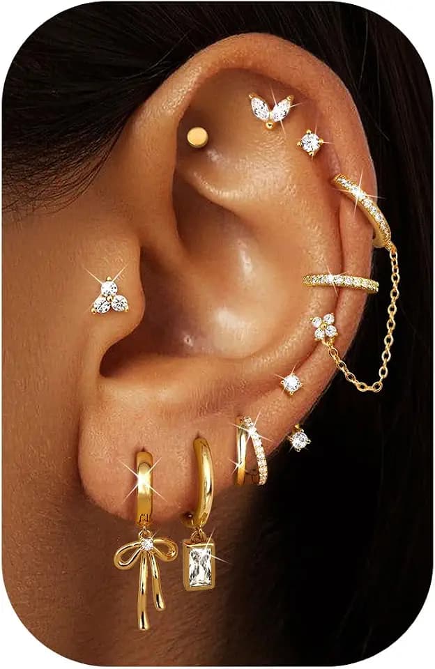 ORAZIO Small Hoop Stud Earrings Stacks for Women 14K Gold Silver Plated