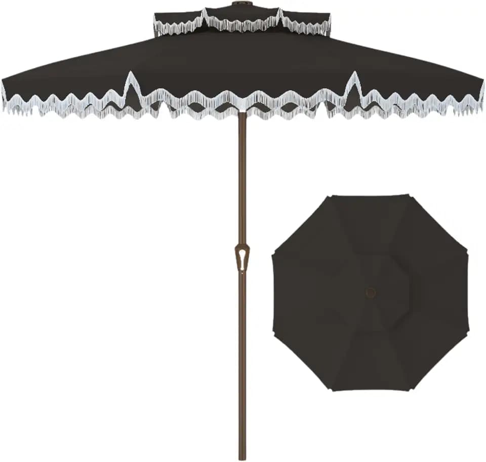 Patiokingdom 9FT Patio Umbrella with Fringe,Tassel Umbrella UPF 50+ & Push-Button Tilt,Rust-Resistant Fiberglass Frame for Pool,Garden,Backyard,Yard