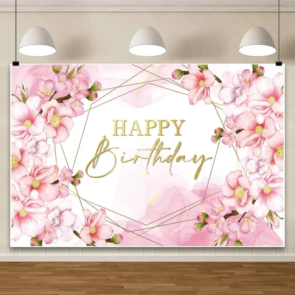 10x8ft Pink Floral Happy Birthday Backdrop for Girls Adults