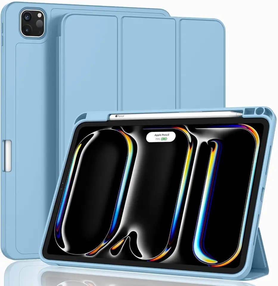 ZryXal iPad Pro 11 Inch Case (M5) 2025/ (M4) 2024 (Model: A2836/A2837/A3006), Trifold Stand Smart Cover with Pencil Holder and Soft TPU Back, Auto Wake/Sleep (New Azure Blue)