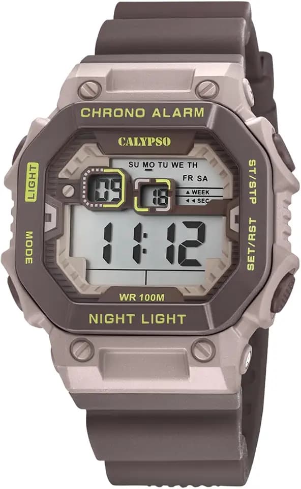 Calypso Digitale Herrenuhr Kautschuk - 10 ATM, Datum, Stoppuhr, Dualzeit, Licht, Alarm, 12/24 Std - K5840 Flash Time