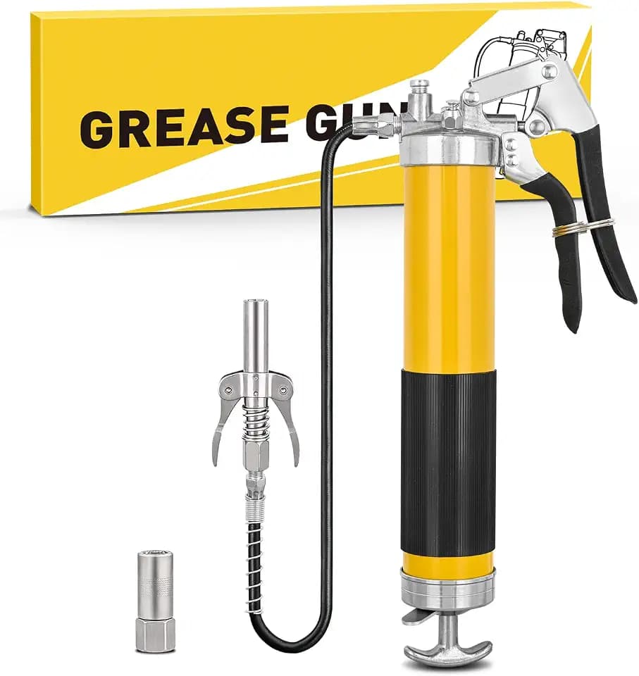 GOOACC Grease Gun Heavy Duty Pistol Grip Grease Gun Kit with Quick Release Coupler 18" Spring Flex Hose Normal Coupler, 8000PSI 14oz Grease Guns Tool for Automotive Farm Industrial Marine, Yellow 4PCS