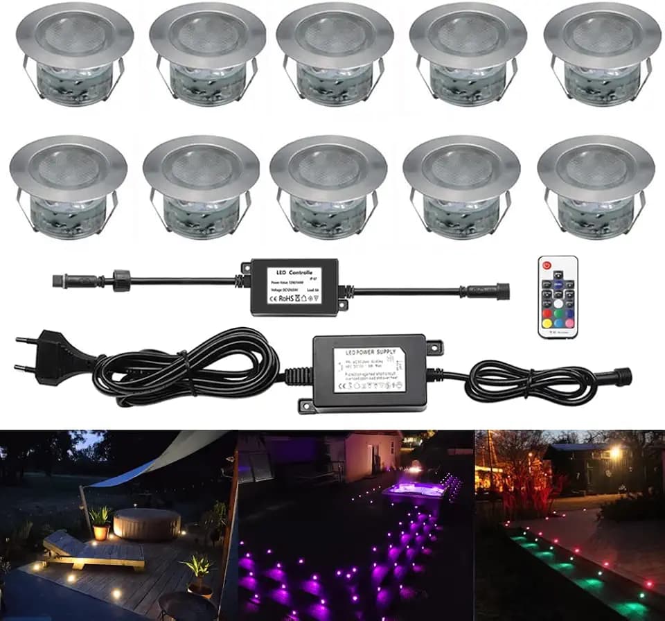 10er Set Terrassen Einbaustrahler RGBWW Boden Einbauleuchten Außen RGB + Warmweiß LED Treppen Beleuchtung Ø45mm Bodeneinbaustrahler IP67 Wasserdicht Einbauspots für Garten Gehweg Küche Holzdeck