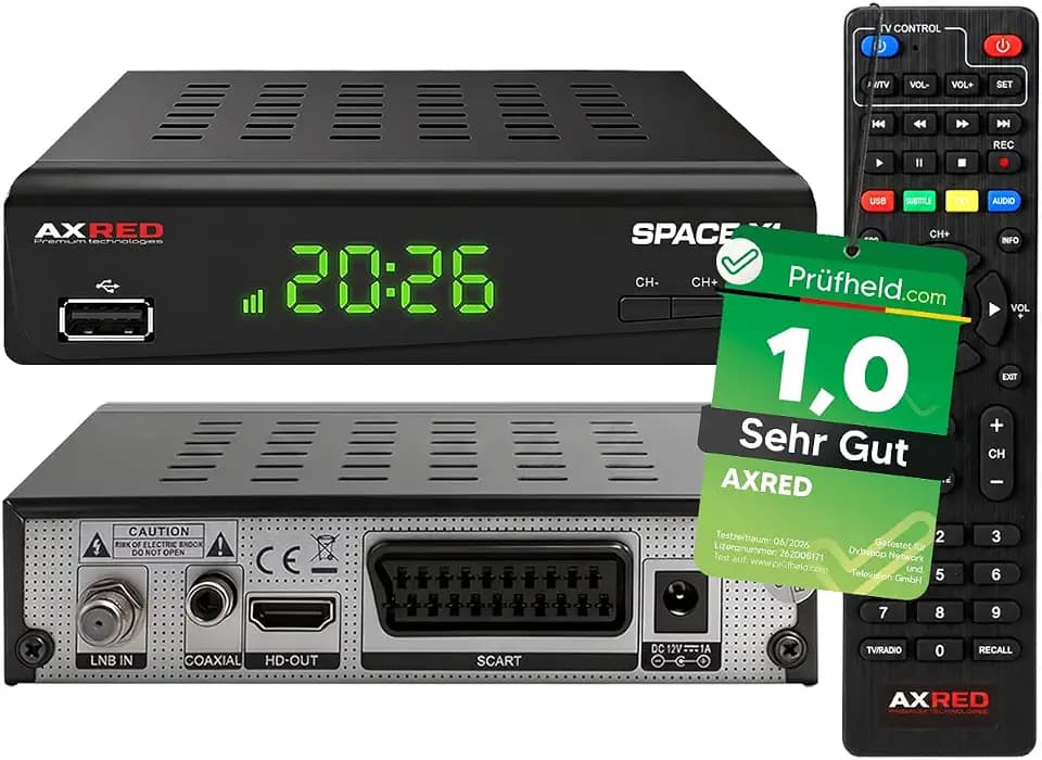 [ Test SEHR GUT, Note 1.0 *] AXRED Space X1 HDTV Sat Receiver mit Aufnahmefunktion, HD fähig, Full HD, Digital Sat-Receiver für Satellitenschüssel Satelliten Satellit TV Fernseher, HD-Receiver, HDMI