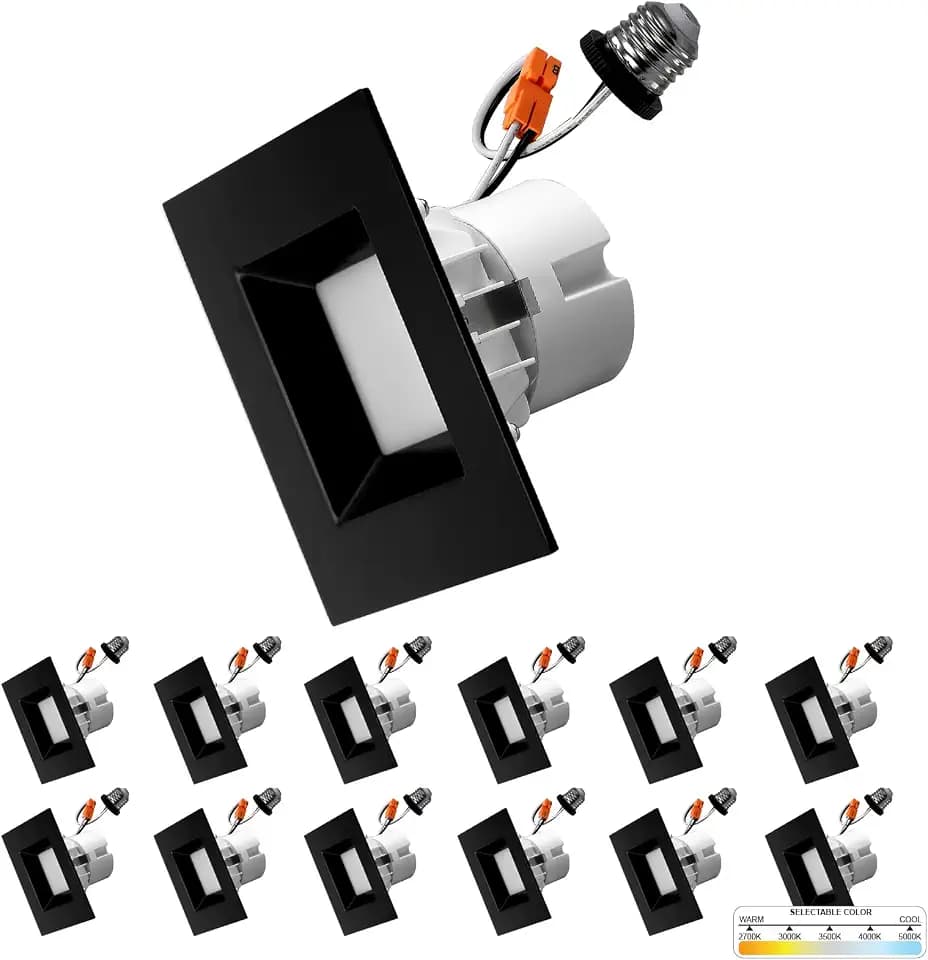 NUWATT 12 Pack 4" Black Square Can Lights, 2700K-5000K, Wet Rated, Dimmable