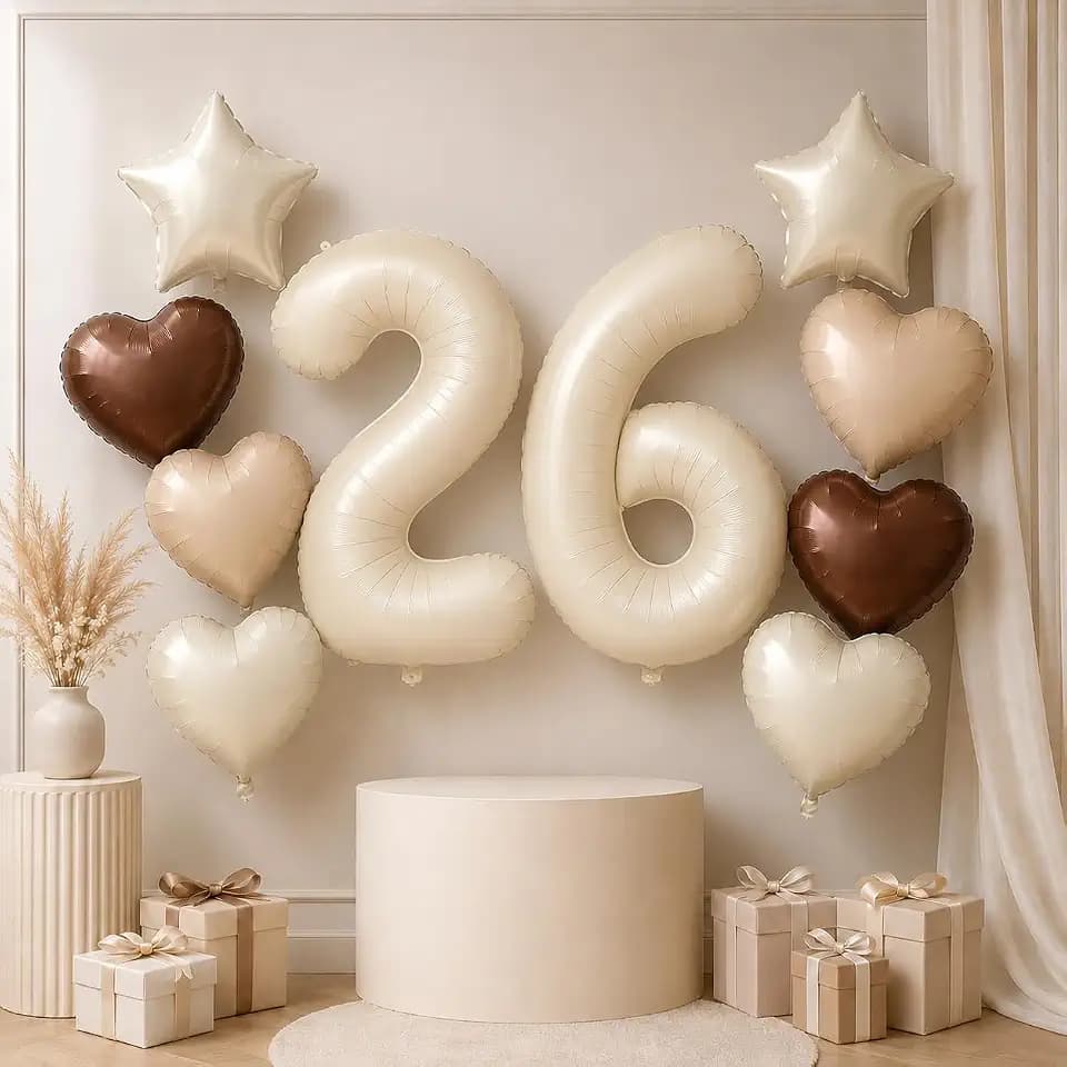 Cream 26 Balloons Decor, Beige Brown White Sand Foil Star Heart Balloon Decor, Large Helium Nude Tan Boho Neutral Number 26 Balloon for Women 26th Birthday Anniversary Party Decoration Supplies