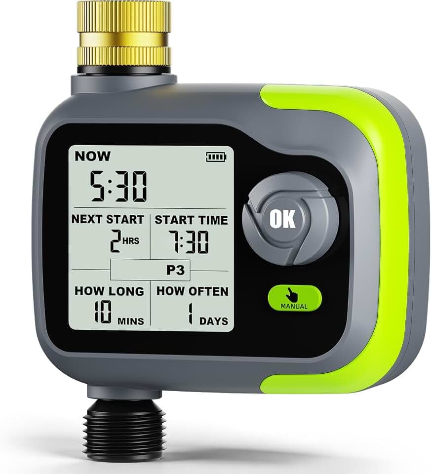 Sprinkler Timer, Watering Timer Brass Inlet for Garden Hose, Programmable Hose Timers w/Rain Delay, Outdoor Soaker Auto& Manual Drip Irrigation Controller System for Lawn Yard Greenhouse