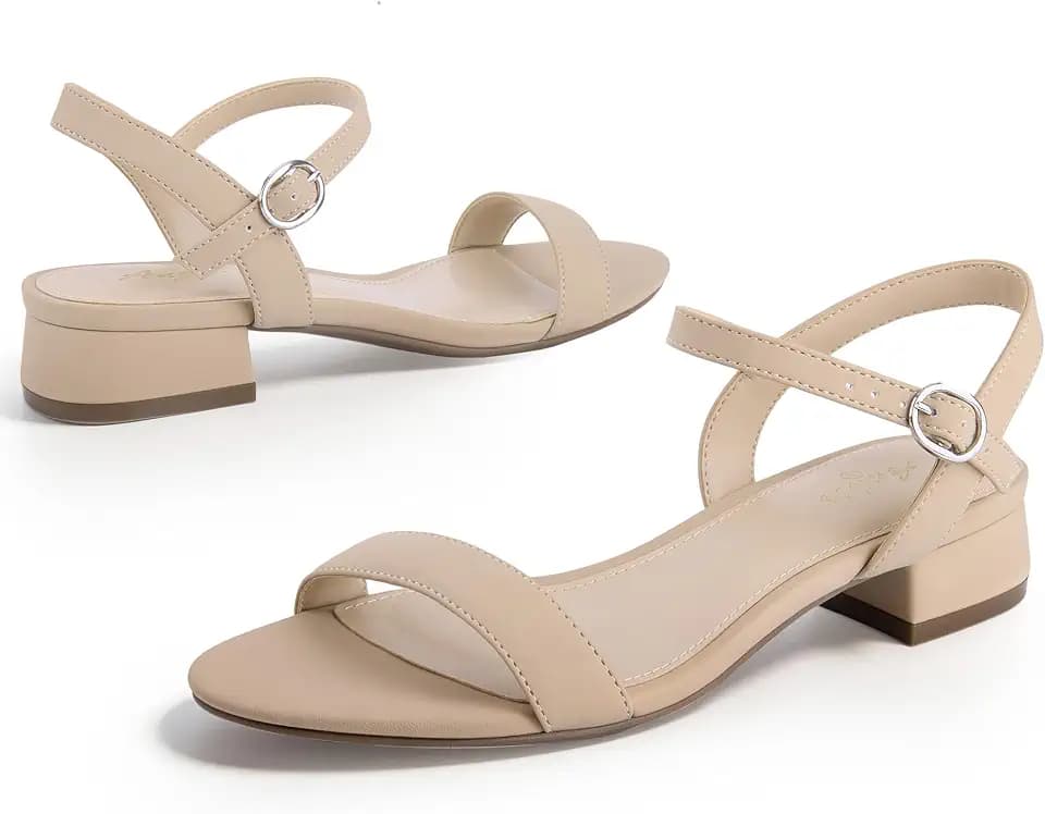 Ankis Women Nude Black White Open Toe 1 Inch Block Low Heel Sandals Daily