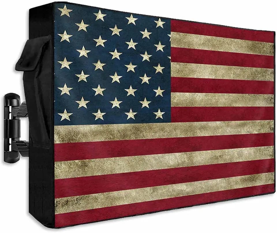American Flag Outdoor TV Cover 30 to 32 Inch Weatherproof, Vintage Red Stripes 600D Oxford TV Covers with Waterproof Zipper, USA Flag Outside Flat TV Screen Protector Size 30"W x 19"H x 4.5"D