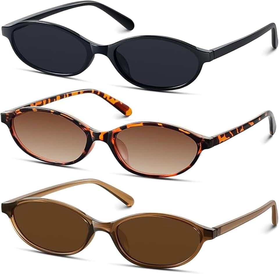 Ovale Sonnenbrille, 3 Stück, Katzenaugen-Retro-Sonnenbrille, 90er-Jahre, schmal, kleines Gesicht, Vintage-Sonnenbrille für Damen, UV400 (Schwarz, Braun, Leopardenmuster)